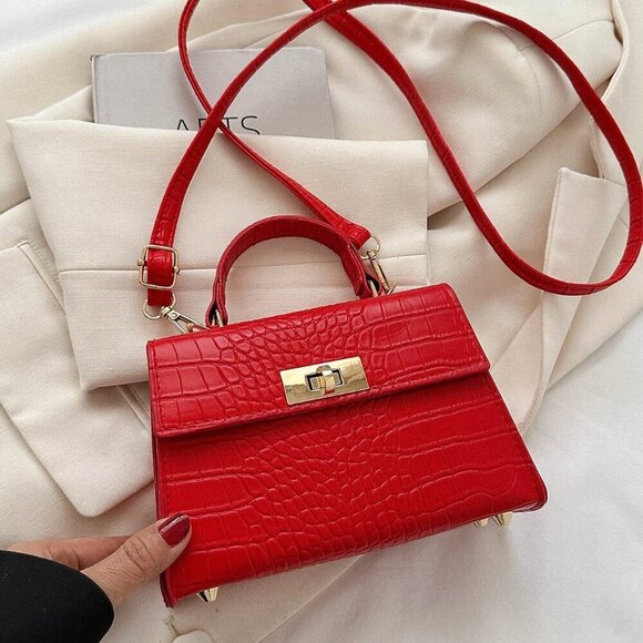 Burgundy Elegant Women's Mini Crocodile Pattern Faux Leather Flap Handbag - Picture 5 of 7